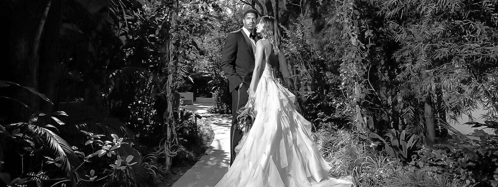 Wedding RFP Hero - Couple in the Gardens in Black and White
