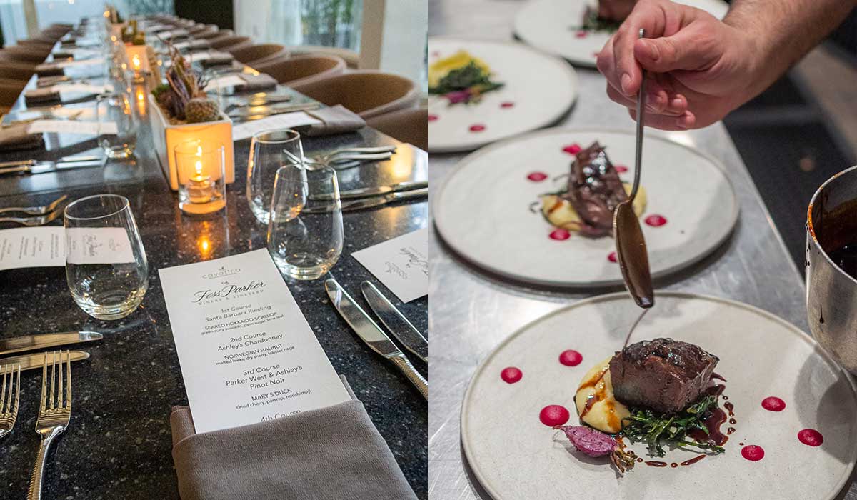 Split image featuring an elegantly set long dining table with Cavatina and Fess Parker printed menus on the left, and a chef plating a meat course with sauce on the right.
