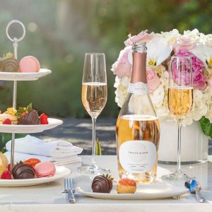 French Bloom champagne and dessert at Cavatina restaurant in the Sunset Marquis Hotel