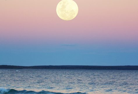 Full Moon Over Ocean; Pink Sunset
